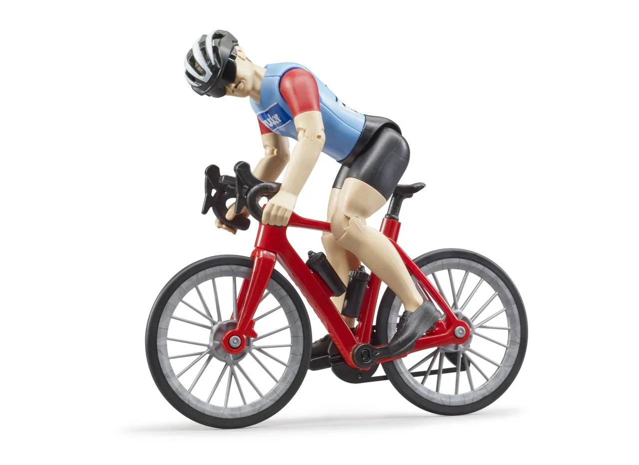 Bruder 63110 bworld rotes Rennrad mit Radfahrer-Figur, Helm und Trikot, Maßstab 1:16