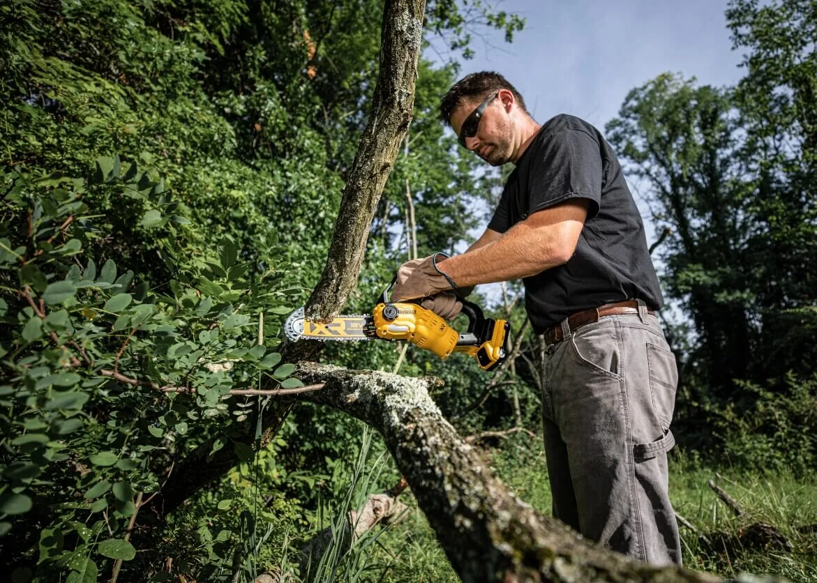 Mann sägt mit der DeWalt DCMPS520N einen Ast an einem Baum