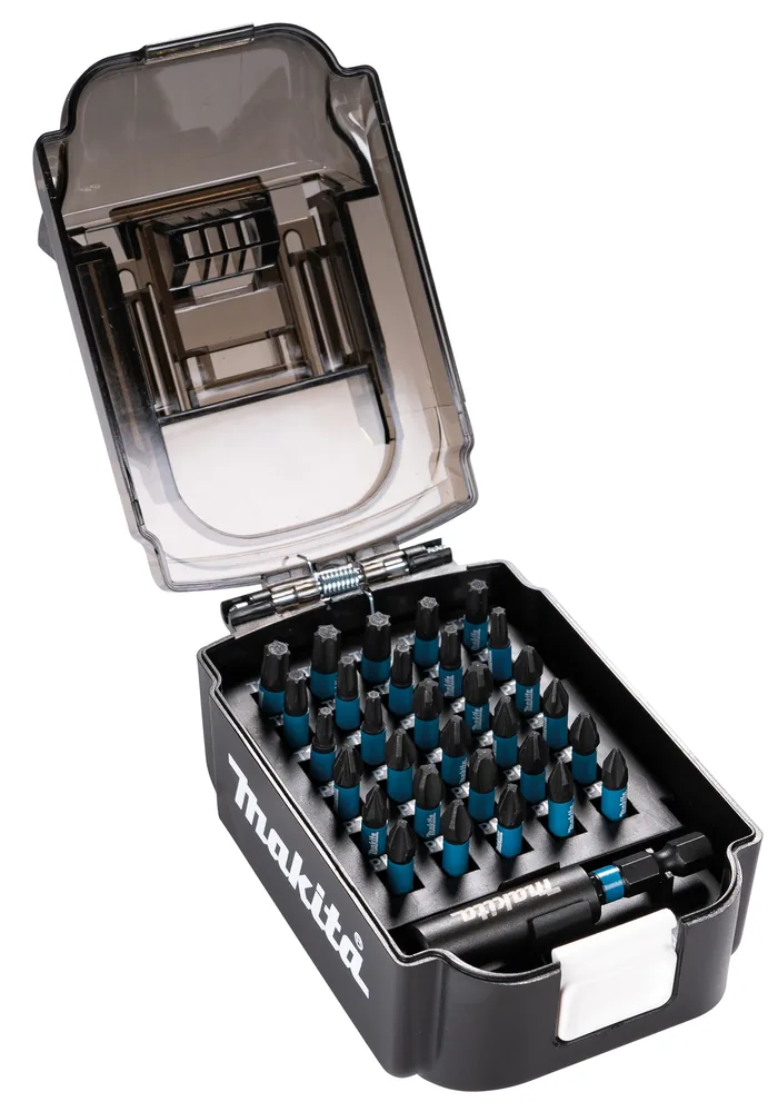 Geöffnete Aufbewahrungsbox des Makita Impact Black Bit-Sets mit 31 Bits