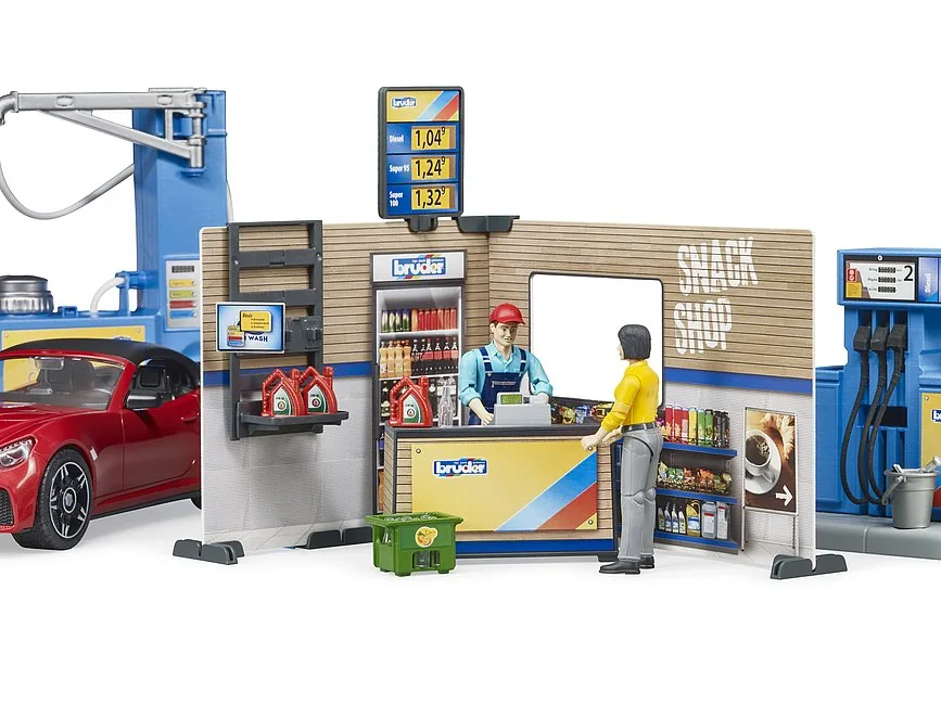 Detailansicht: BRUDER Tankstellen-Shop mit Theke, Kasse und Zapfsäule