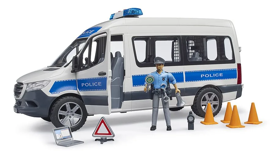 BRUDER Spielzeug-Polizeiauto: MB Sprinter mit geöffneter Fahrertür und detaillierter Kabine