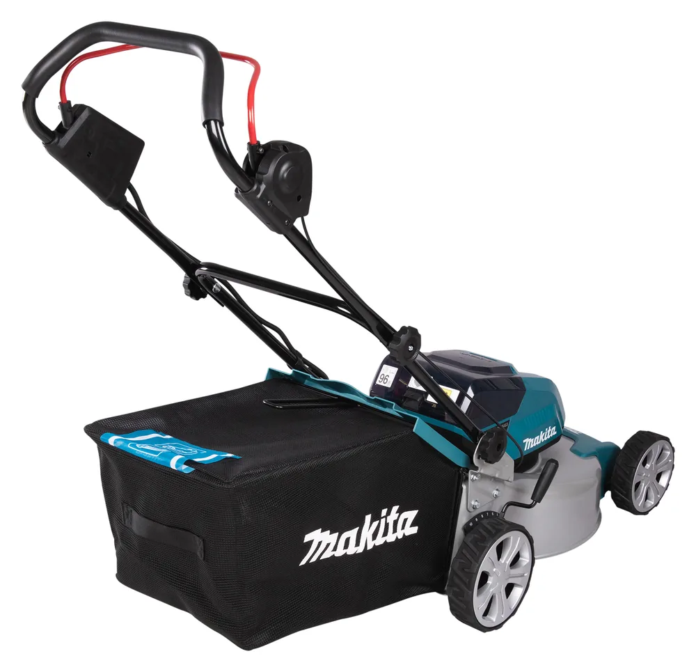 Makita DLM463Z Akku-Rasenmäher mit Fangkorb, Heck-Schrägansicht
