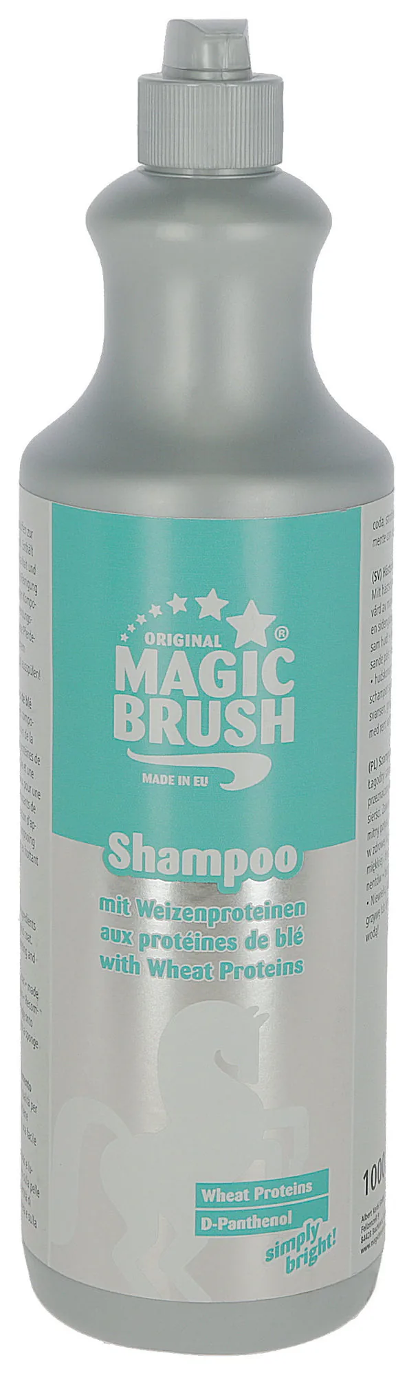MagicBrush Pferdeshampoo mit Weizenproteinen in der grau-türkisen Flasche
