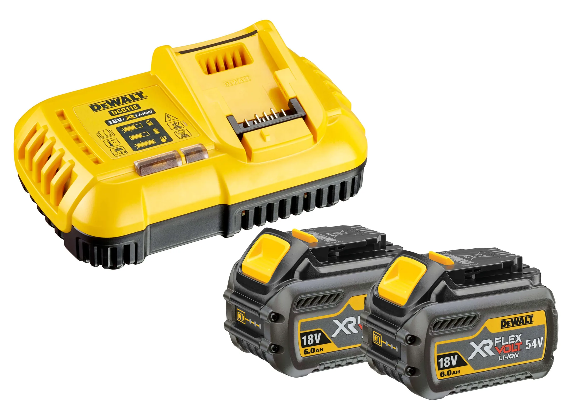DeWalt DCB118 Akku-Starter-Set mit Schnellladegerät und zwei 6-Ah-FLEXVOLT-Akkus