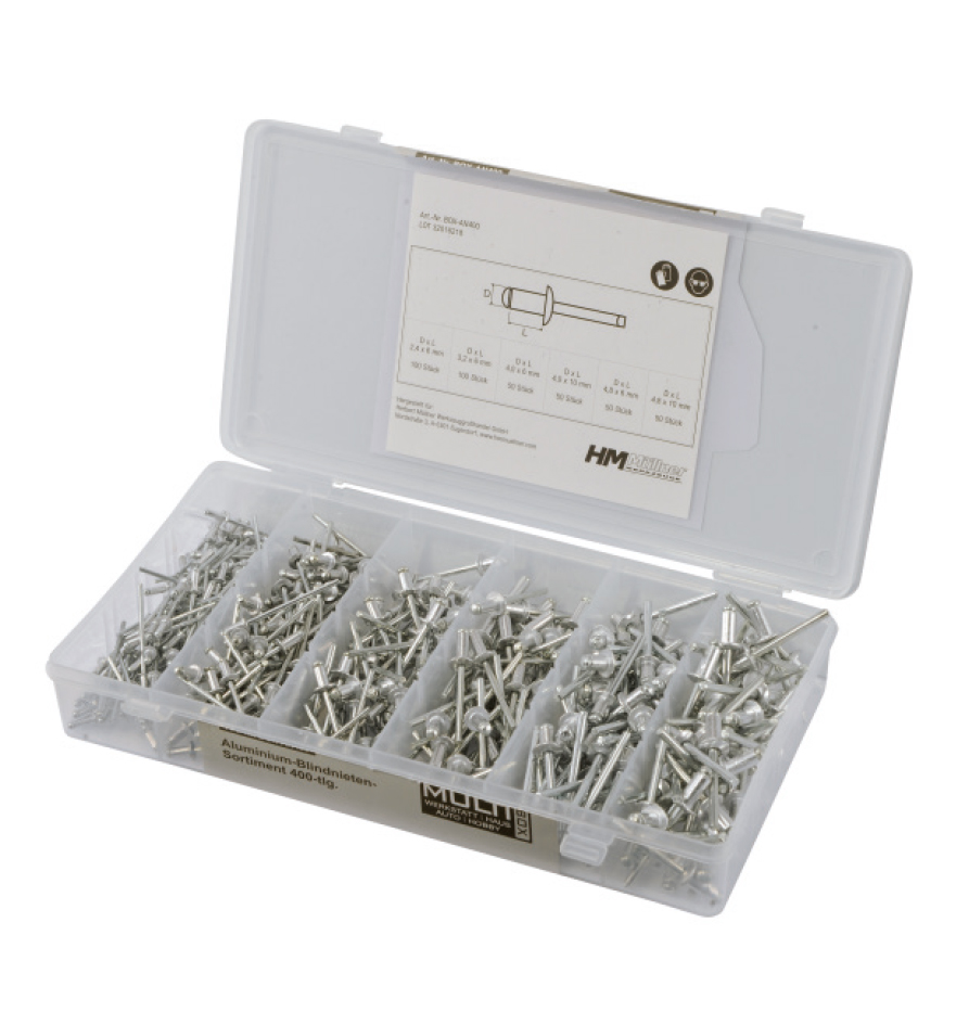 HM Müllner Blindnieten-Sortiment 400-tlg. BOX-AN400 – Aluminium-Nieten in 6 Größen HM Müllner Blindnieten-Sortiment 400-tlg. BOX-AN400 – Aluminium-Nieten in 6 Größen