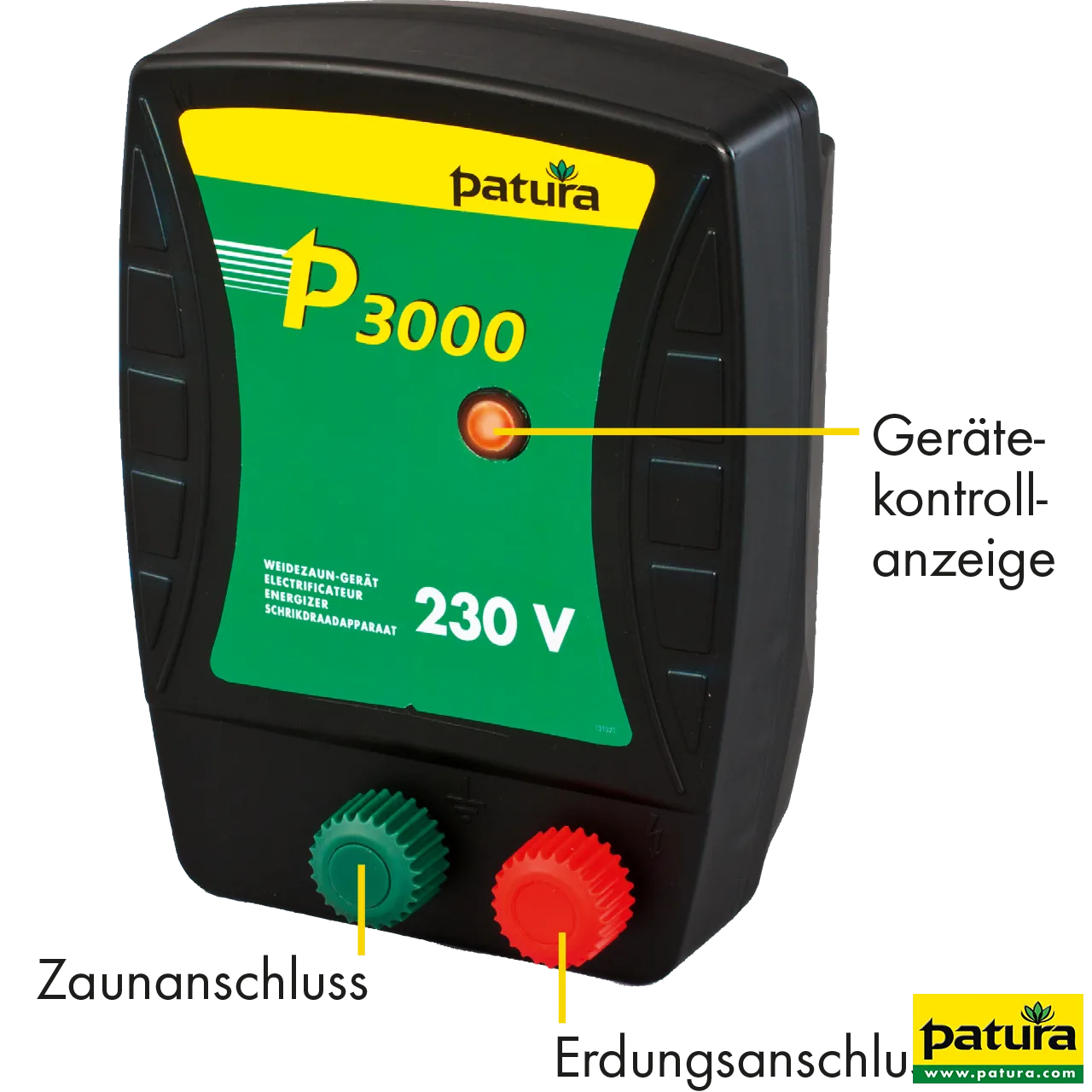 Patura P3000 Weidezaungerät 230 V mit Gerätekontrollanzeige und Anschlüssen
