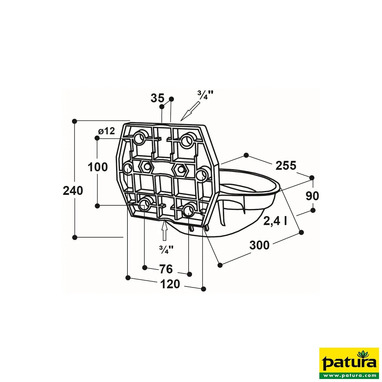 Maßzeichnung des Patura Rohrventilbeckens Modell 12P-MS mit 3/4 Zoll Messingventil