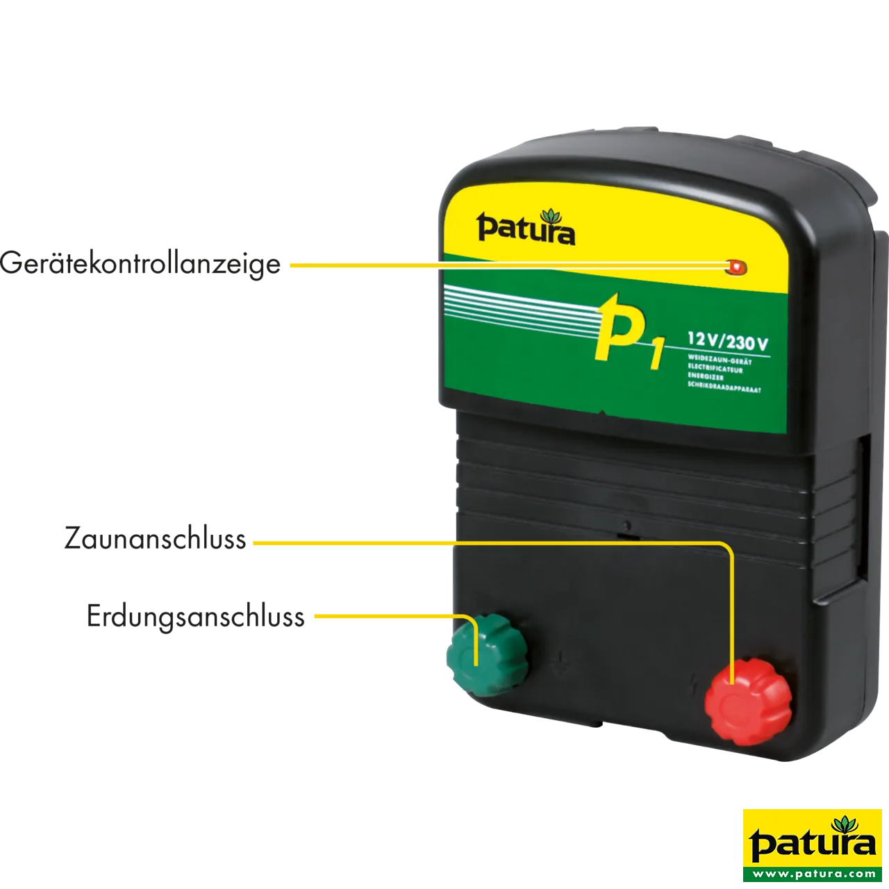 Patura P1 Weidezaun-Kombigerät 230 V und 12 V mit beschrifteten Anschlüssen