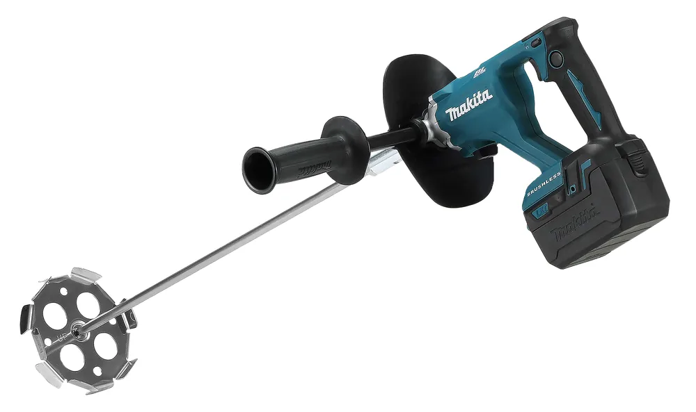 Makita DUT130Z Akku-Rührwerk schräg mit Zusatzgriff und bürstenlosem Motor