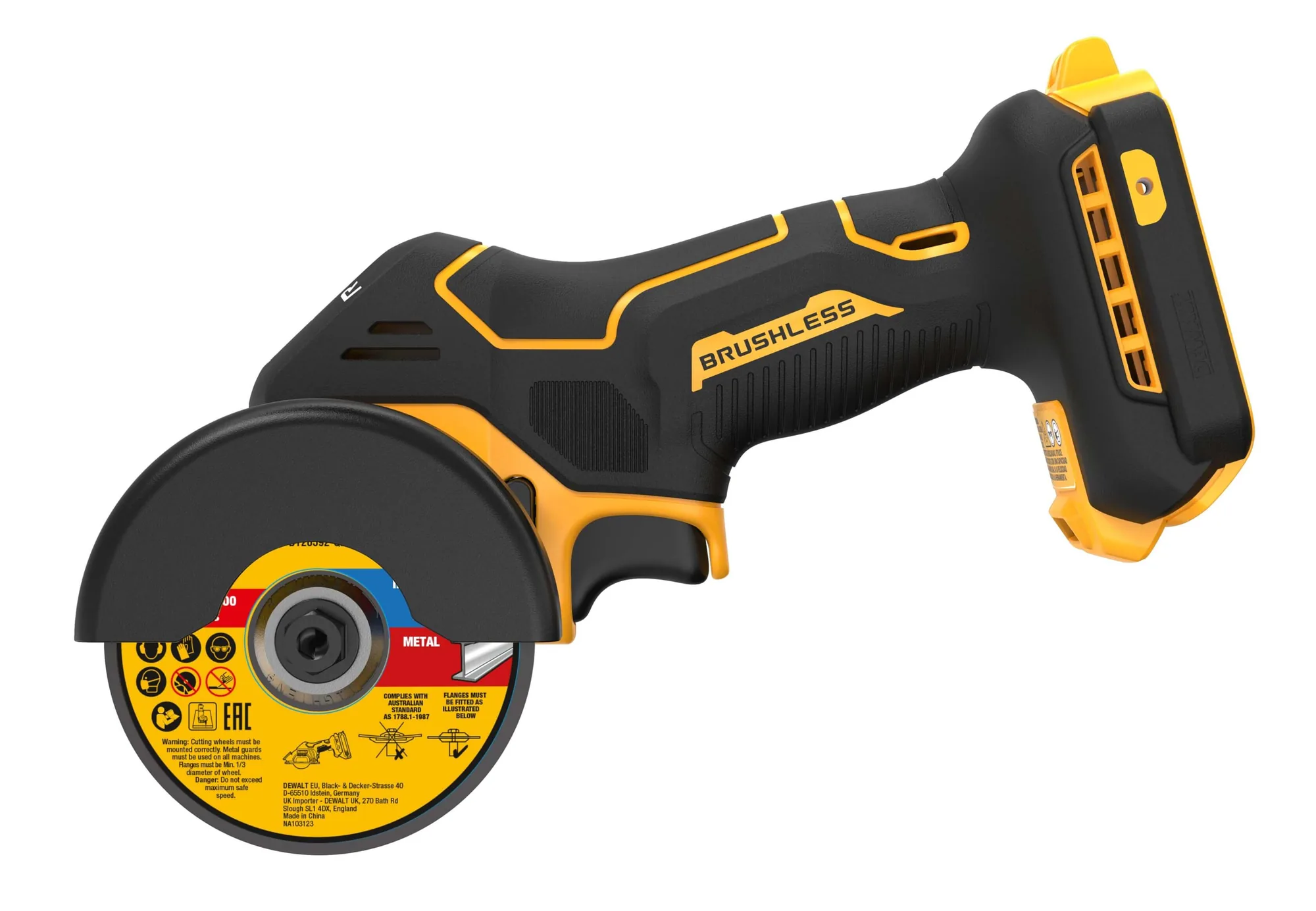 DeWalt DCS438N 18V XR 76-mm-Akku-Trennschleifer mit Trennscheibe, freigestellt