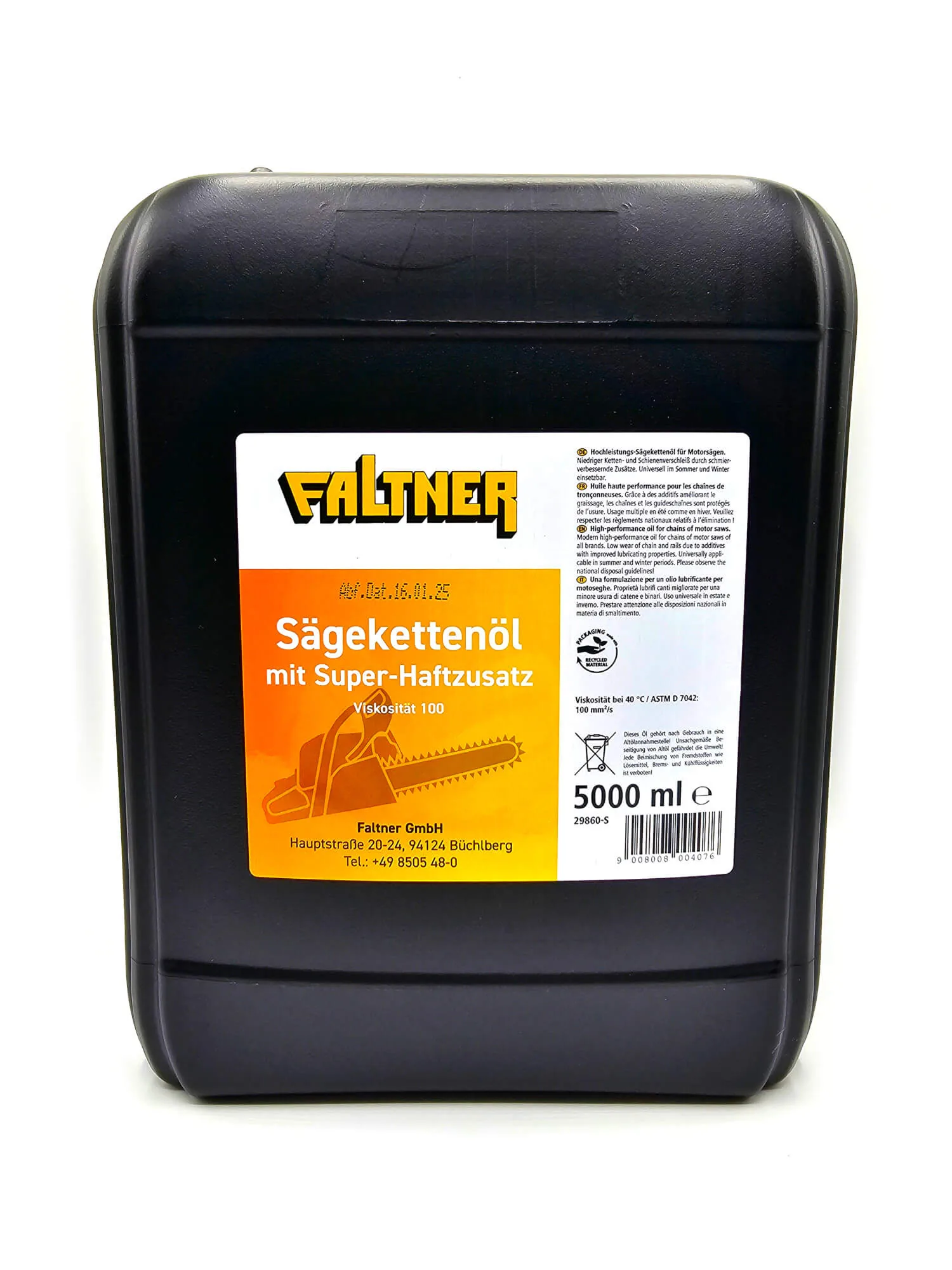Faltner Viscano H Sägekettenöl im schwarzen 5-Liter-Kanister mit orangem Etikett