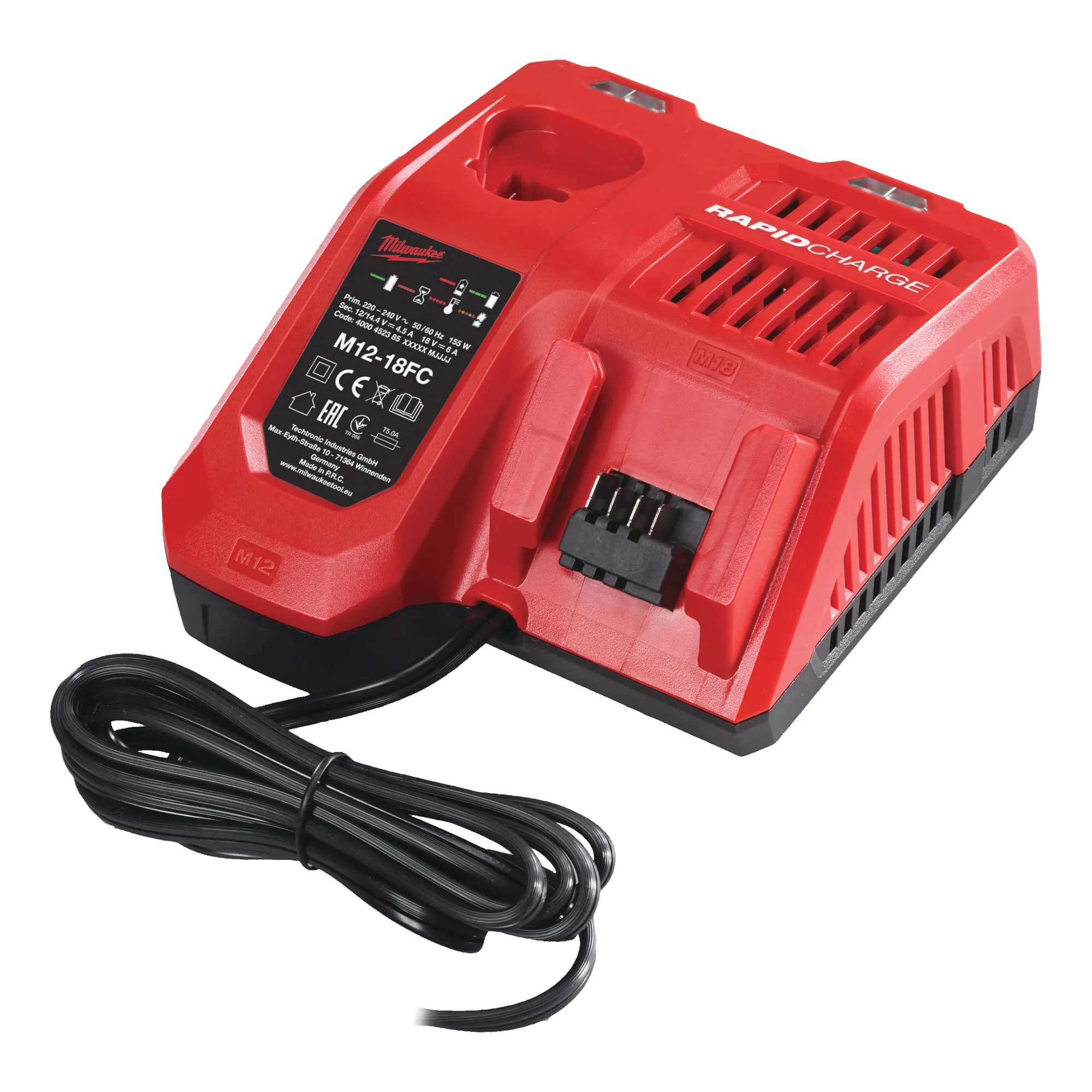 Milwaukee M12-18 FC Schnellladegerät in Rot-Schwarz mit Kabel
