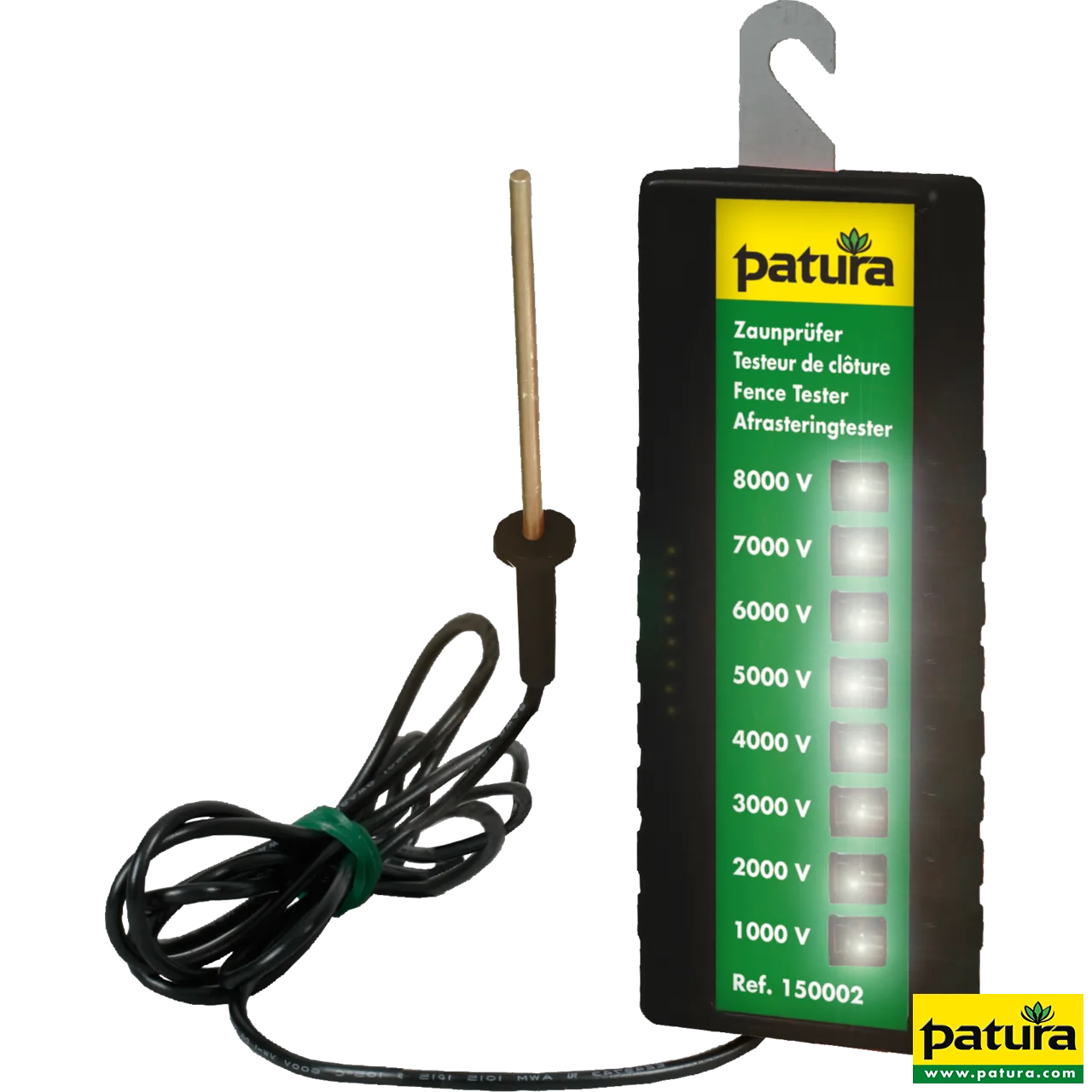 Patura Zaunprüfer 8-stufig mit Neon-Anzeige bis 8000 V, Elektrozaun-Testgerät mit Erdungsleitung