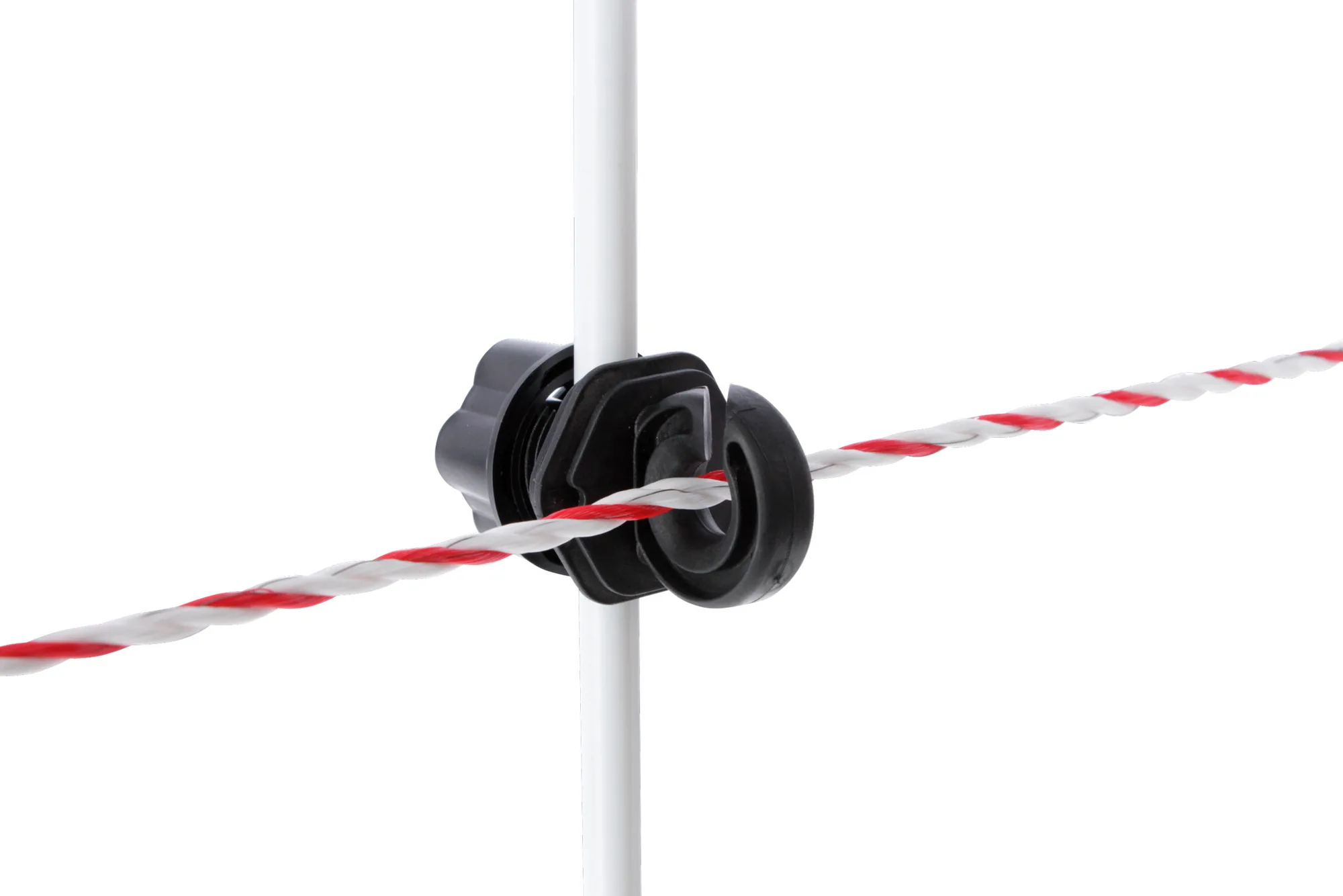 Kerbl Ringisolator schwarz an weißem Pfahl mit rot-weißer Litze, Nahaufnahme