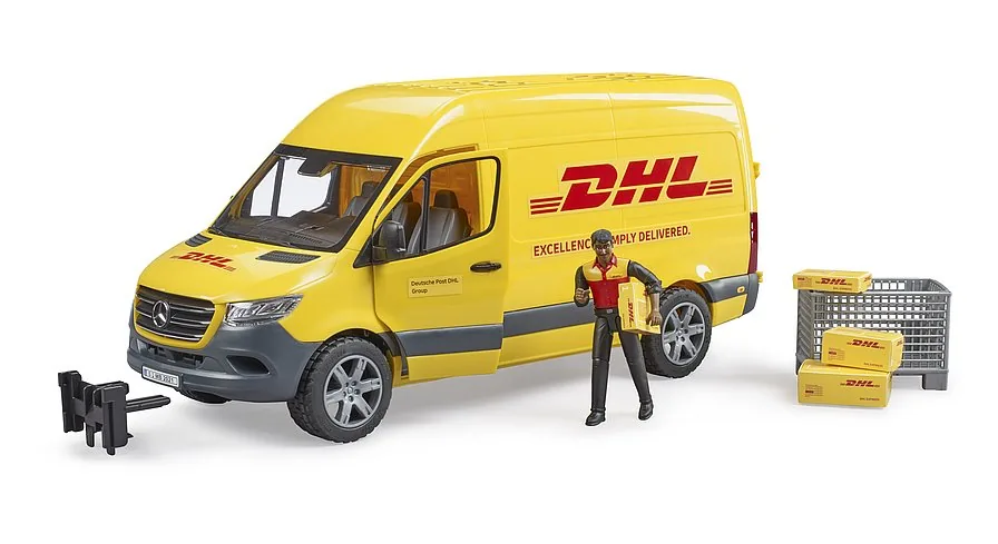 Bruder 02671 Mercedes-Benz Sprinter DHL in Gelb mit Fahrer-Figur und Paketen, Spielzeug 1:16