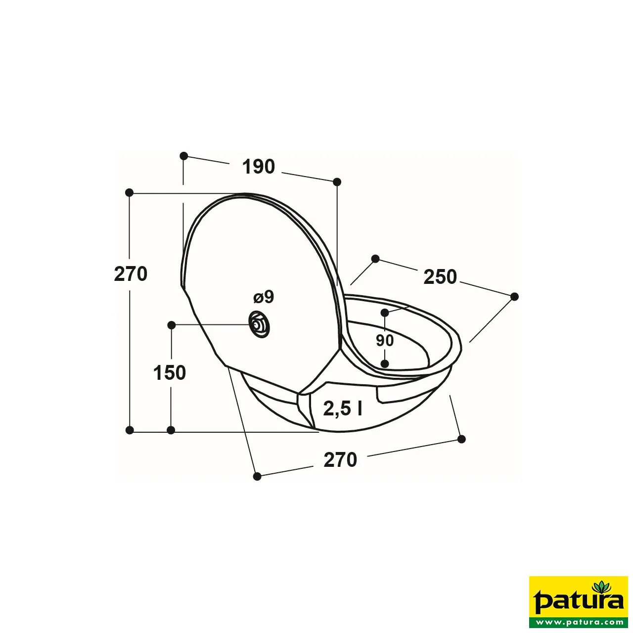 Maßzeichnung des Patura Anbau-Tränkebeckens Modell 180P