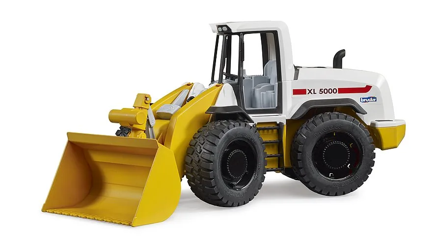 Gelber BRUDER Radlader der ROADMAX-Serie mit großen Softreifen, ideal für den Sandkasten