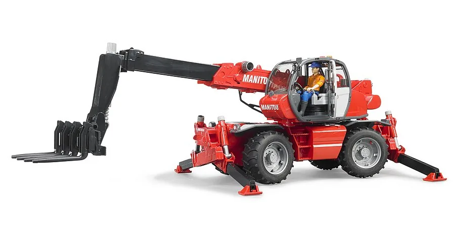 Bruder Manitou MRT 2150 Teleskoplader in Rot mit Gabel, Fahrer-Figur und Stützen, 1:16