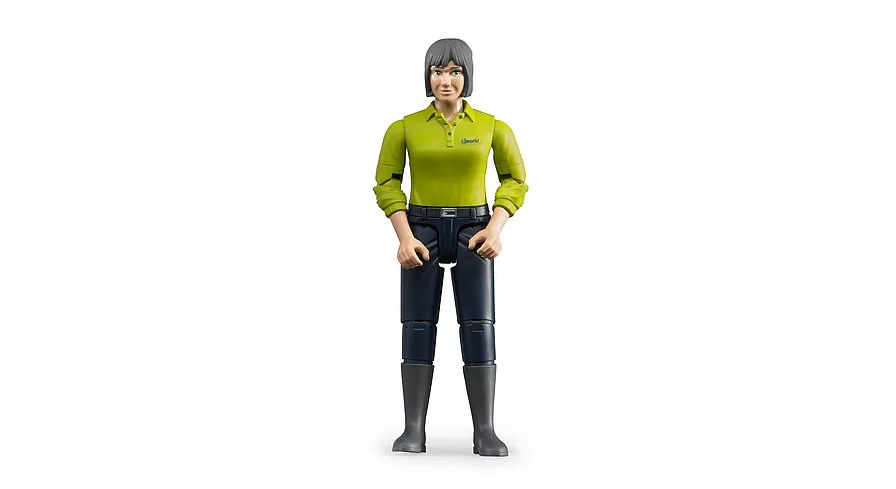 Bruder Spielfigur Frau mit grünem Poloshirt, dunkelblauer Jeans und Gummistiefeln, Maßstab 1:16