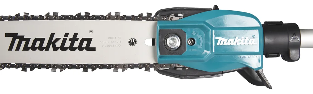 Detail von Schwert, Sägekette und Getriebekopf des Makita EY403MP