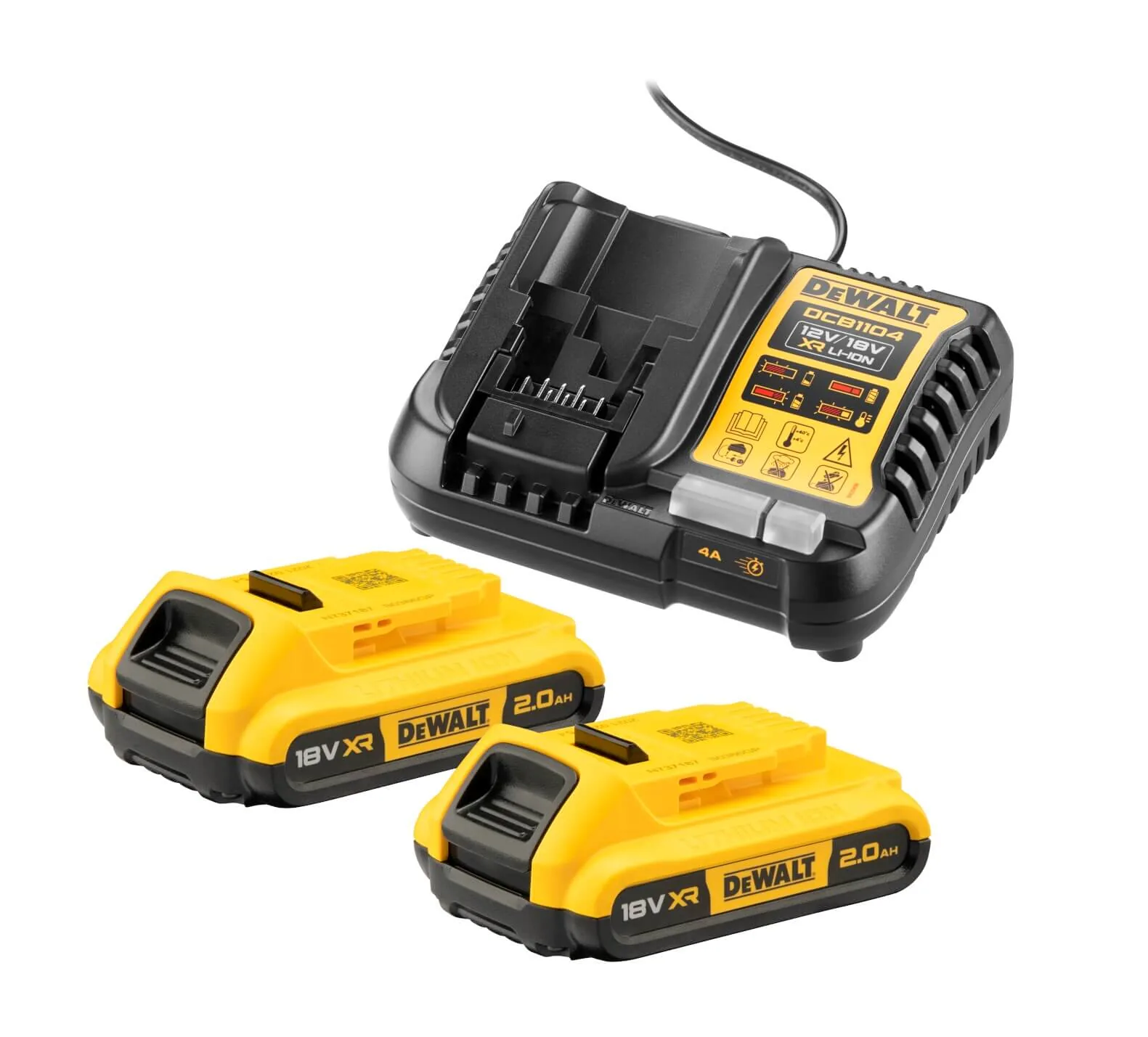 DeWalt Akku-Kit mit DCB1104 Ladegerät und zwei 18V 2,0 Ah XR Akkus