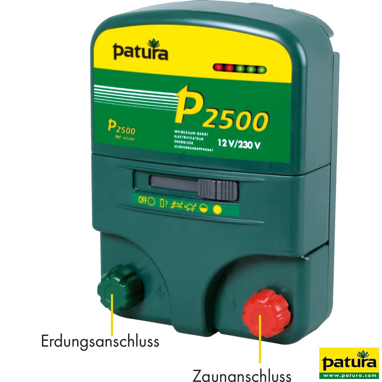 Patura P2500 Weidezaungerät 230 V und 12 V mit beschrifteten Anschlüssen