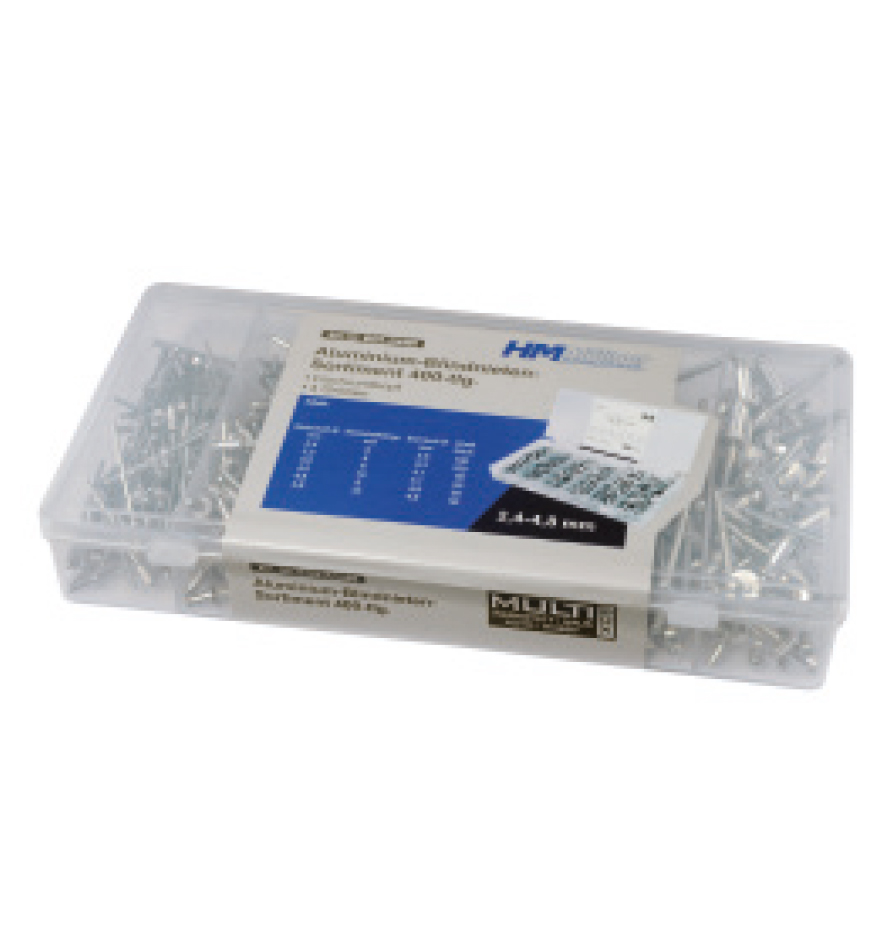 HM Müllner Blindnieten-Sortiment 400-tlg. BOX-AN400 – Aluminium-Nieten in 6 Größen HM Müllner Blindnieten-Sortiment 400-tlg. BOX-AN400 – Aluminium-Nieten in 6 Größen