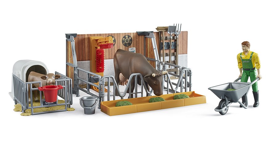 bworld Kuh- und Kälberstall mit Landwirt, Kuh und Kalb