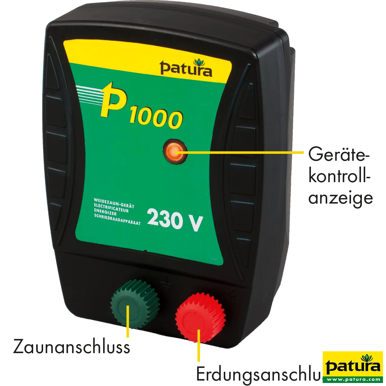 Beschriftung am Patura Weidezaun-Gerät P1000 230 V mit Anschlusskennzeichnung