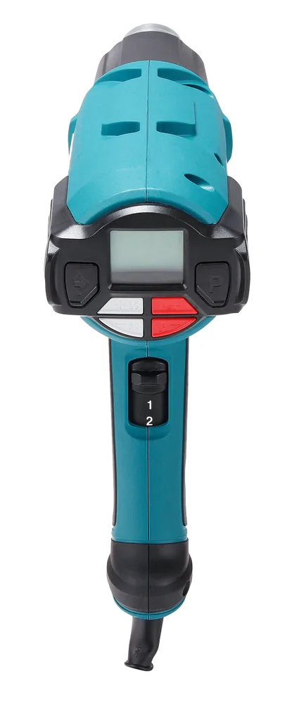 Display und Stufenschalter des Makita HG6531CK Heißluftgebläses in der Rückansicht