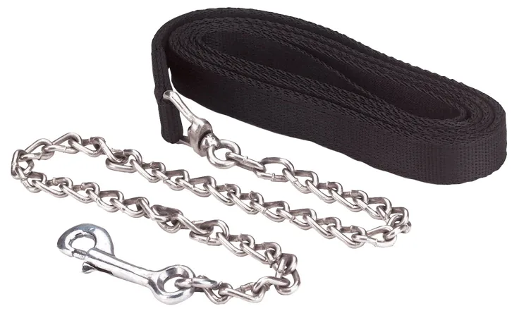 Schwarze Führleine mit Kette und Karabiner, aufgerollt, freigestellt
