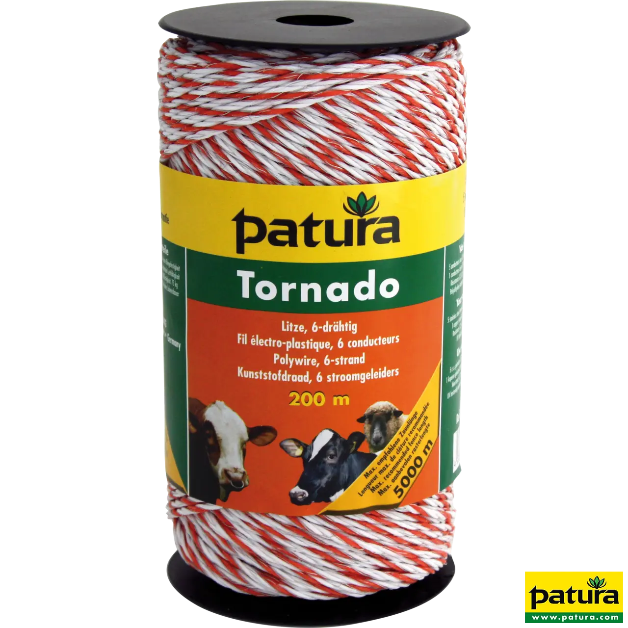 Patura Tornado Litze weiß-orange auf 200-m-Rolle mit 5 Edelstahl- und 1 Kupferleiter