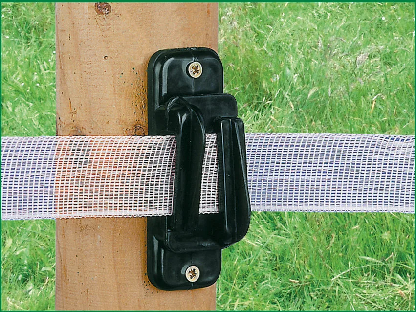 Bandisolator mit Weideband am Holzpfosten auf der Weide