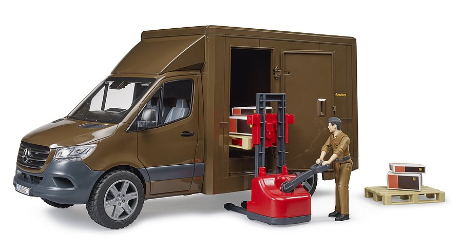BRUDER Mercedes-Benz Sprinter UPS mit Fahrer und Zubehör – Authentisches Lieferfahrzeug im Maßstab 1:16