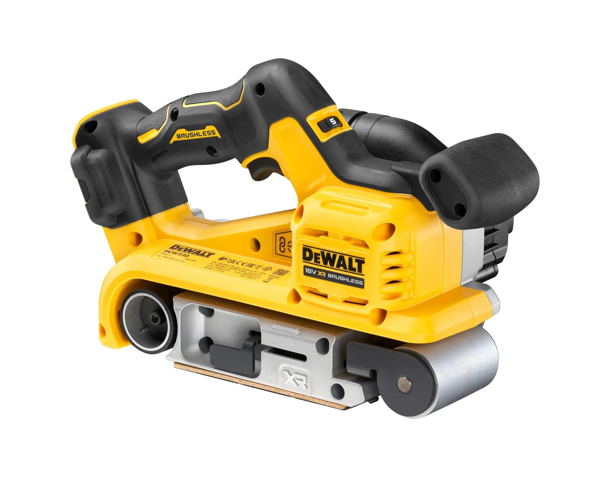 DeWalt DCW220NT 18V XR Akku-Bandschleifer, Produktansicht freigestellt