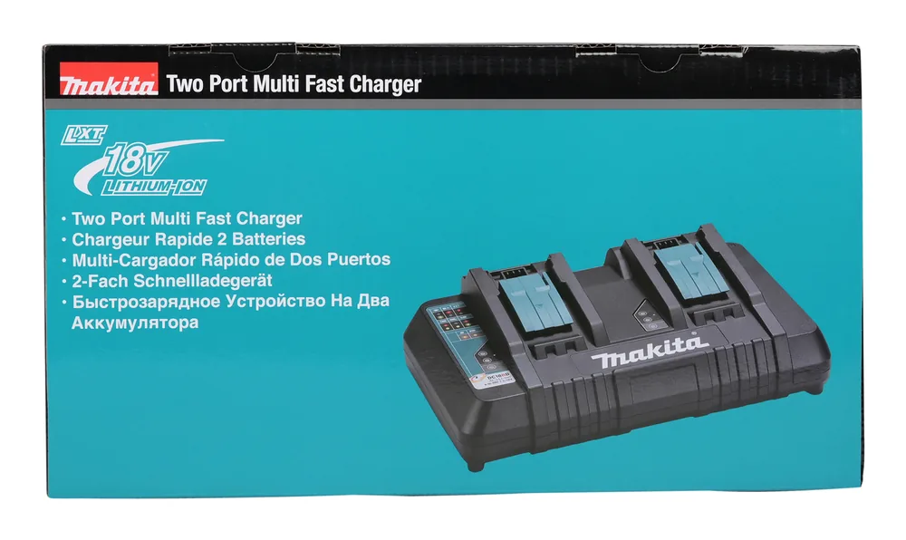 Verkaufsverpackung des Makita DC18RD Two Port Multi Fast Charger