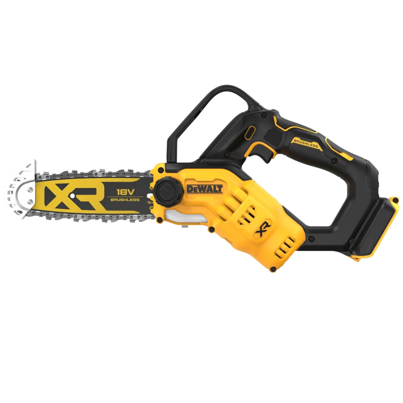 DeWalt DCMPS520N 18V XR Akku-Ast-Kettensäge in Gelb-Schwarz, Seitenansicht