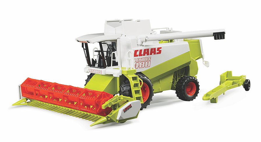 Claas Lexion 480 Spielzeug-Mähdrescher von Bruder mit angebautem Mähwerk in Arbeitsstellung
