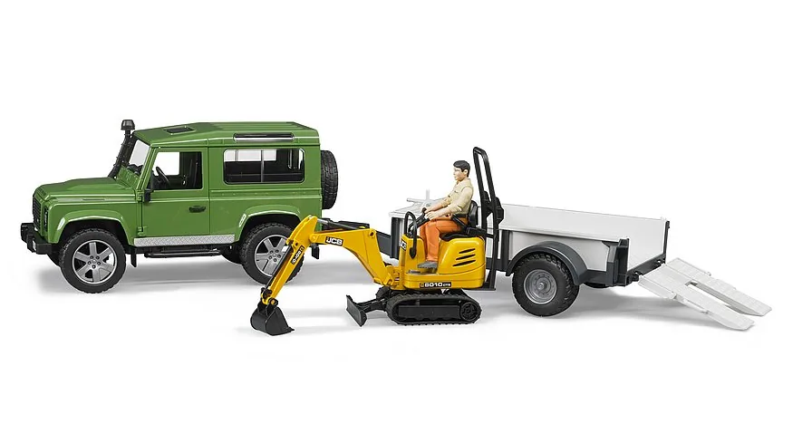 Bruder Land Rover Defender in Grün mit Einachsanhänger, JCB 8010 Mikrobagger und Bauarbeiter-Figur, 1:16