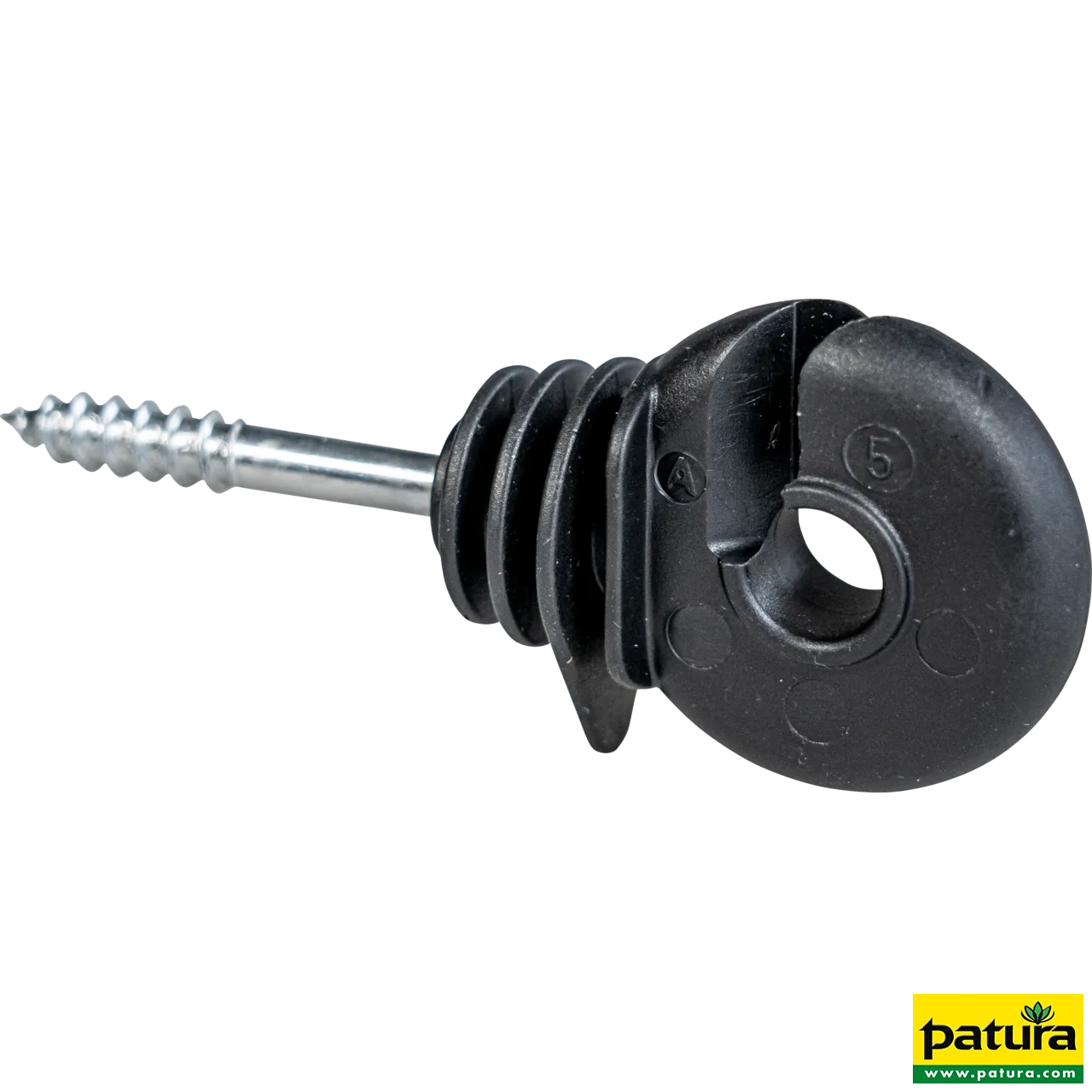 Patura Ringisolator in Schwarz mit durchgehender Stütze und Holzgewinde für Weidezäune