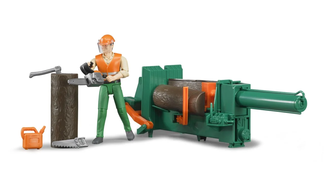 Bruder 62650 bworld Forstwirtschaftsset mit Waldarbeiter-Figur, Kettensäge, Baumstamm und Spaltmaschine, 1:16
