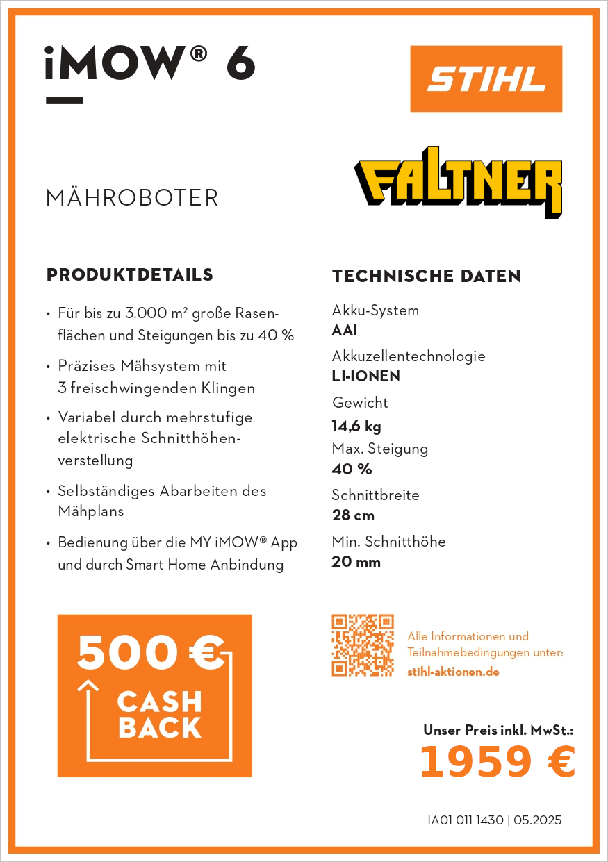 STIHL iMOW 6 Mähroboter – 500 € Cashback, WiFi-App & 28 cm Disc-Cut bis 3 000 m² Rasen STIHL iMOW 6 Mähroboter – 500 € Cashback, WiFi-App & 28 cm Disc-Cut bis 3 000 m² Rasen