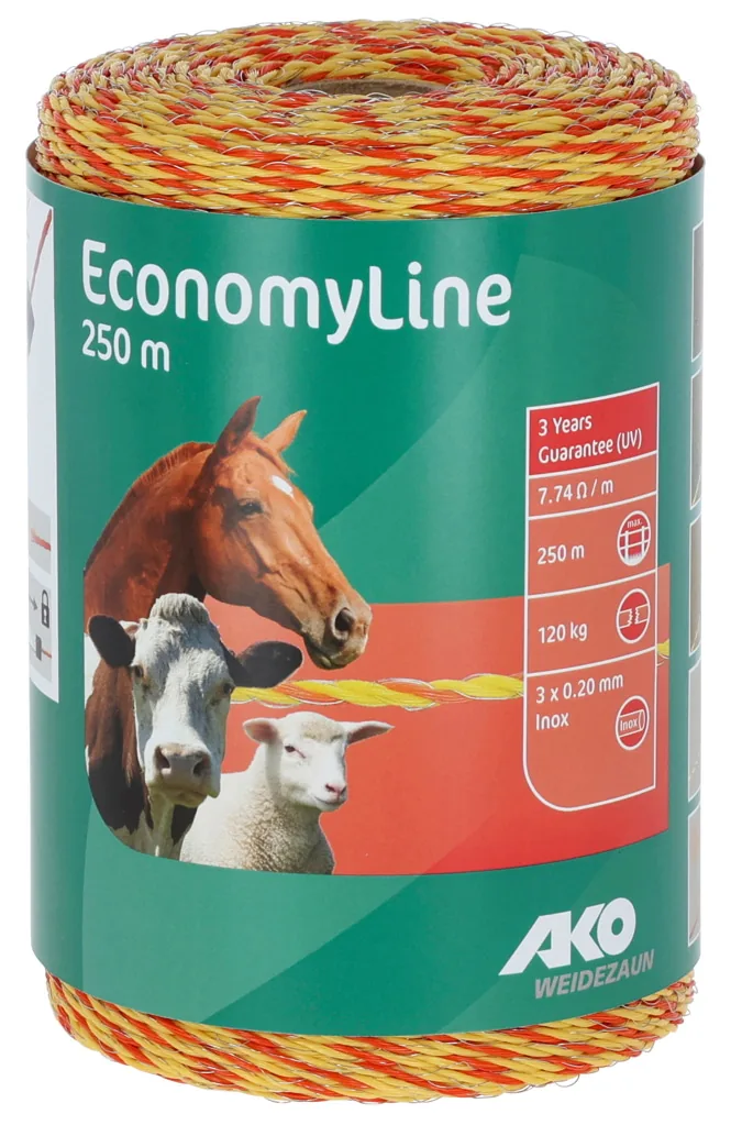 AKO EconomyLine Weidezaunlitze 250 m, gelb-orange Rolle für Vieh- und Pferdezäune