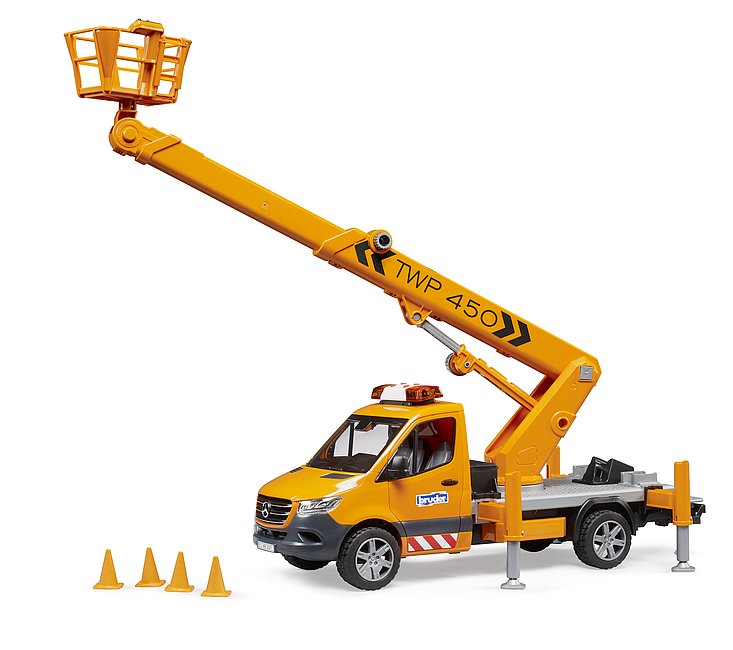 BRUDER MB Sprinter mit Arbeitsbühne und Licht & Sound Modul – Vielseitiges Servicefahrzeug im Maßstab 1:16 BRUDER MB Sprinter mit Arbeitsbühne und Licht & Sound Modul – Vielseitiges Servicefahrzeug im Maßstab 1:16