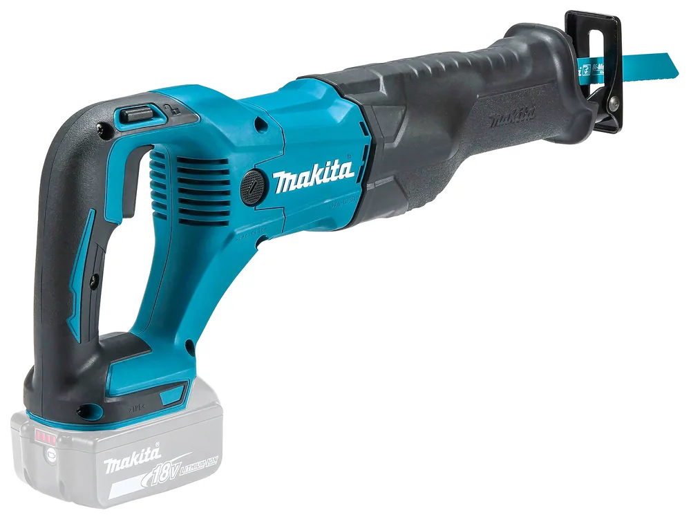Makita DJR186ZK Akku-Reciprosäge in der Seitenansicht mit Sägeblatt rechts