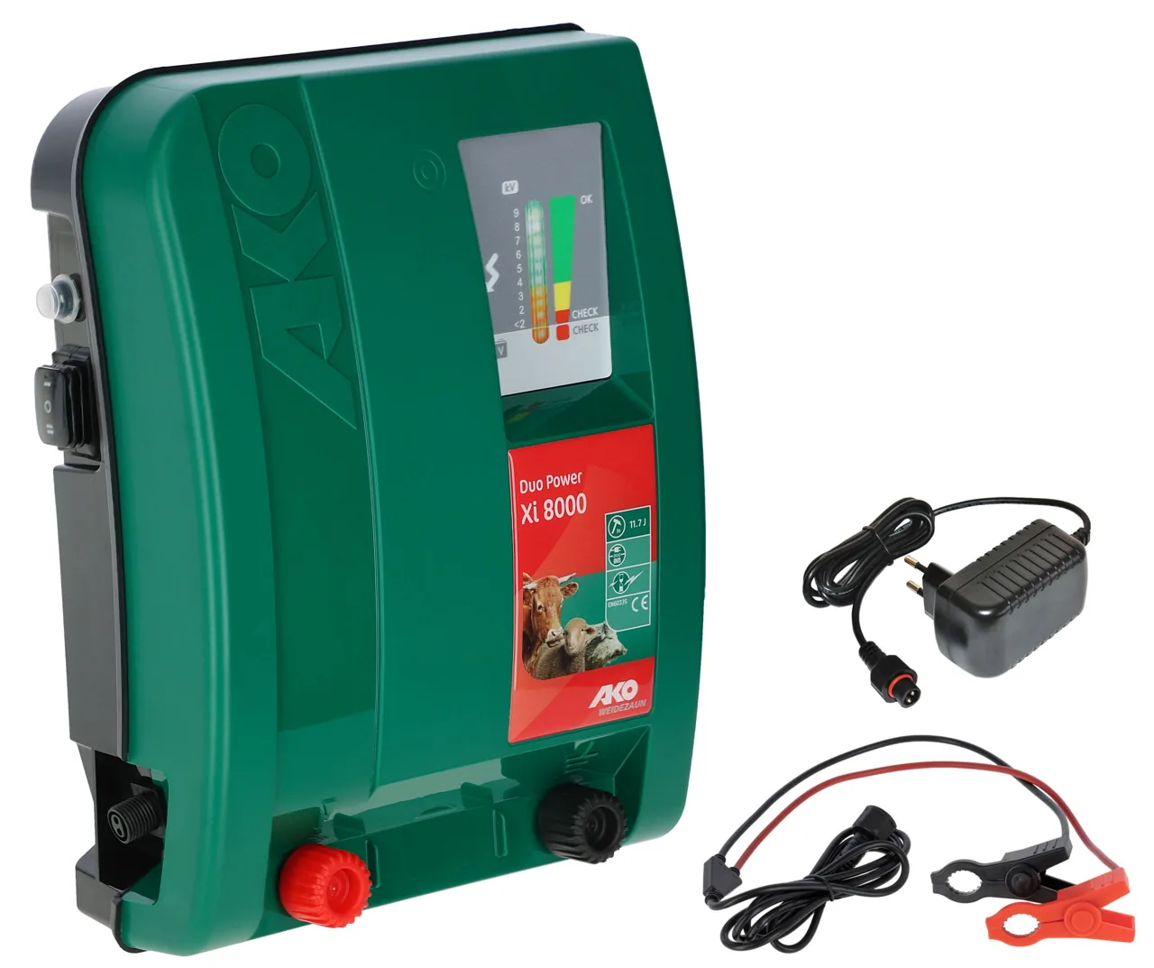 AKO Duo Power Xi 8000 Weidezaungerät in Grün mit Netzteil und Batterieklemmen