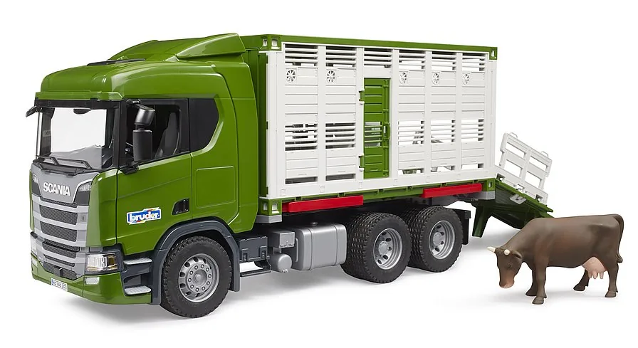 Bruder Scania Super 560R Viehtransporter in Grün mit Tieraufbau und brauner Kuh, 1:16