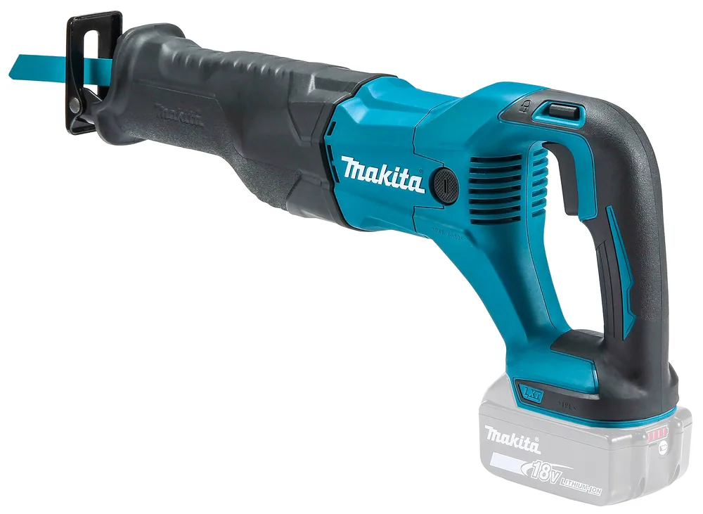 Makita DJR186ZK Akku-Reciprosäge in der Schrägansicht mit Sägeblatt