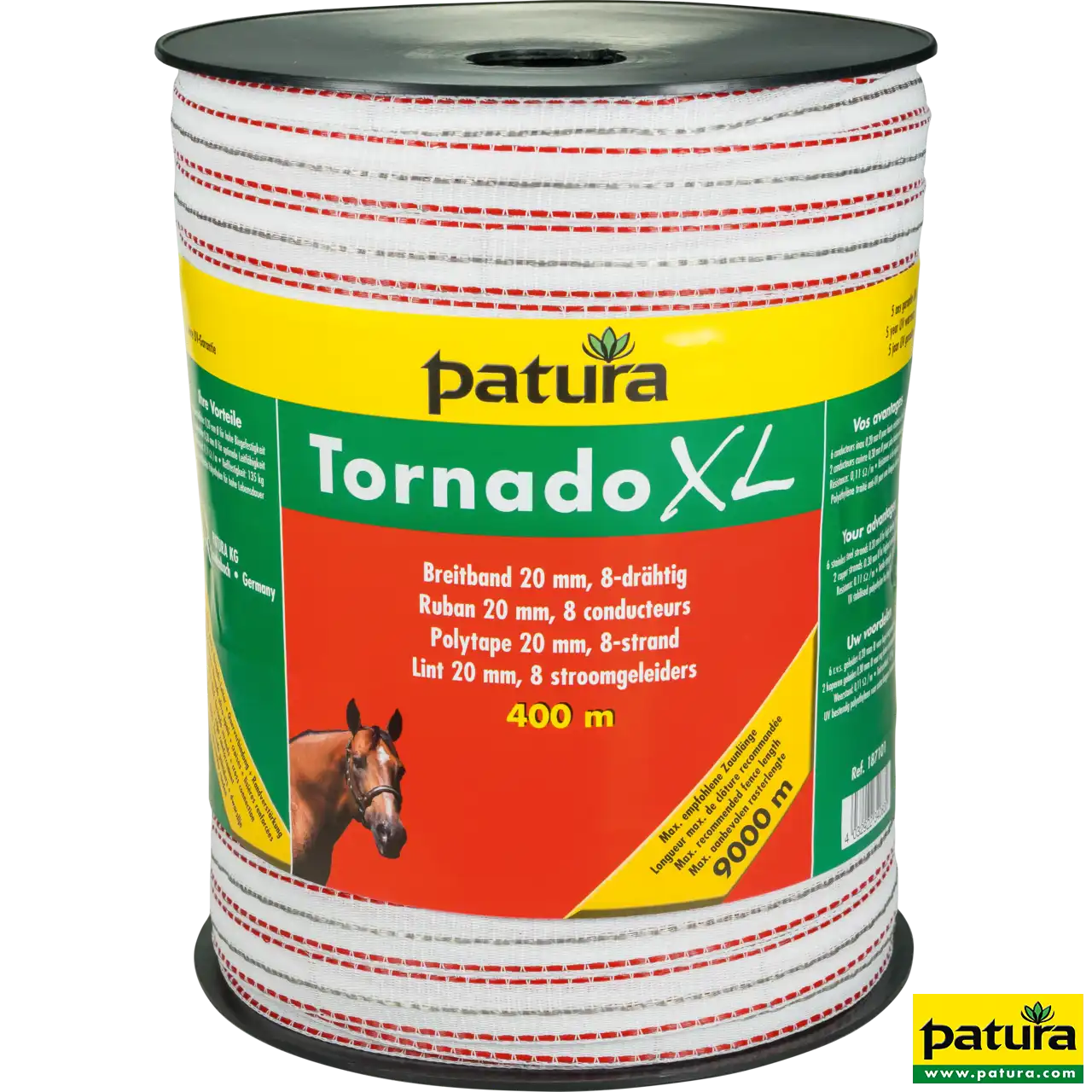 Patura Tornado XL Breitband 20 mm weiß-rot auf 200-m-Rolle, 8-drähtiges Weidezaunband