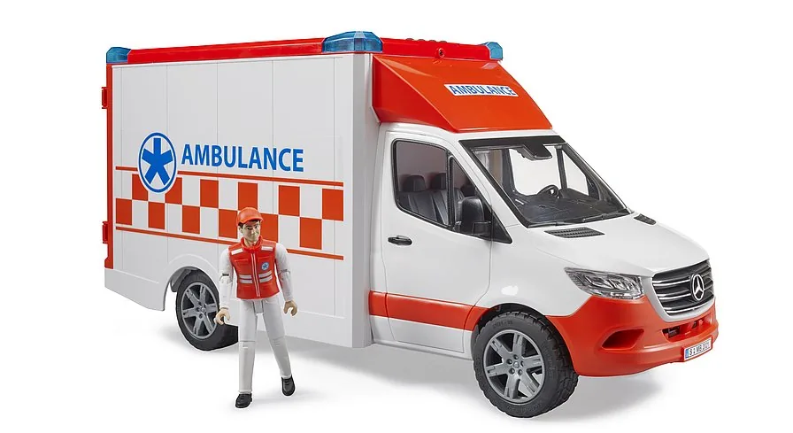 Bruder Mercedes-Benz Sprinter Rettungswagen in Weiß-Rot mit Fahrer-Figur, Spielzeug 1:16